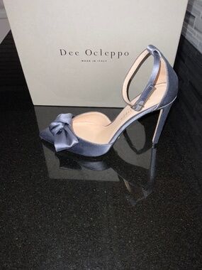 Dee Ocleppo Dark Gray Satin Pointed-Toe Ankle-Strap Heels
